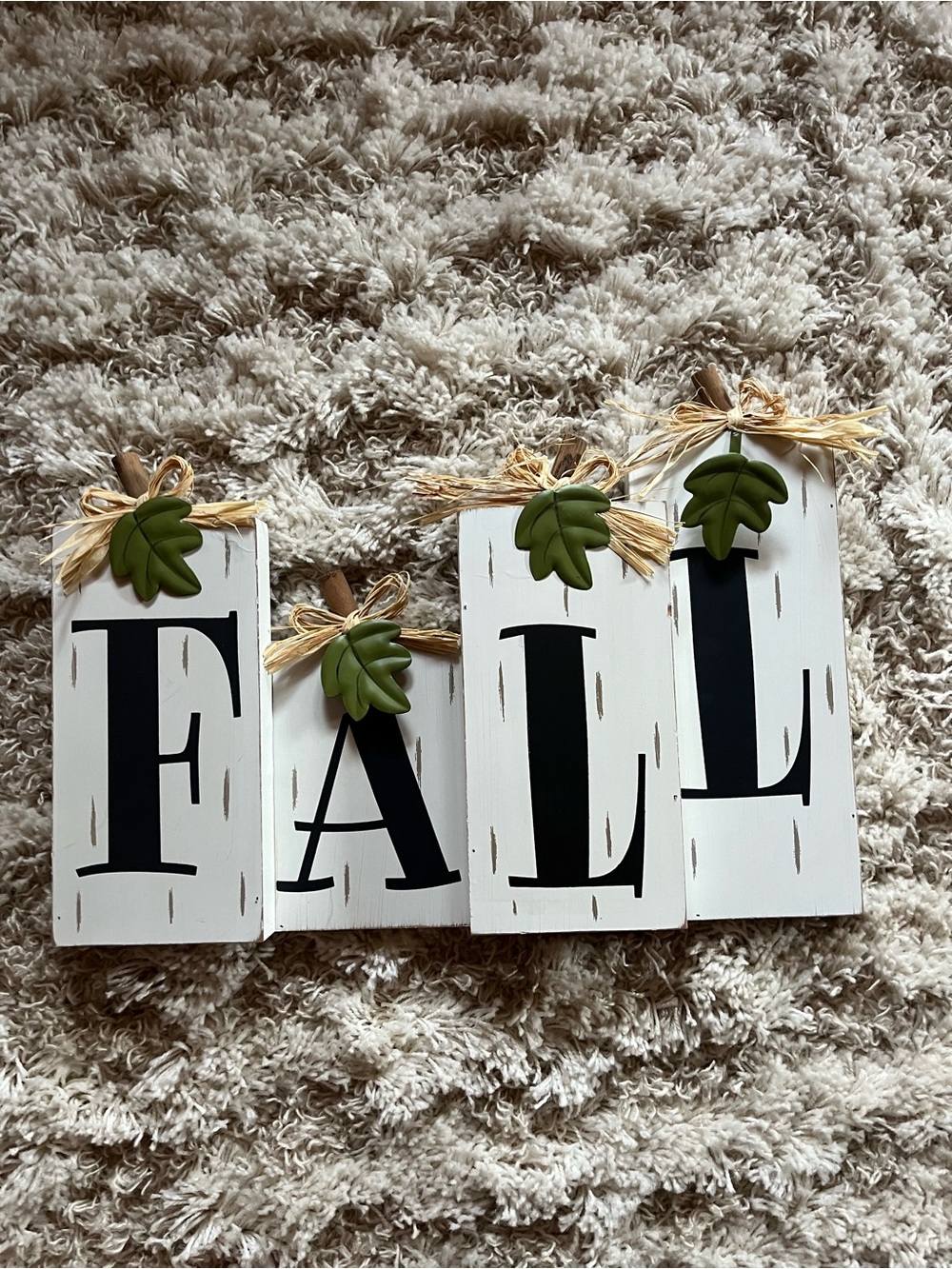 Hobby Lobby White and Black "FALL" Wooden Block Sign with Green Leaf Accents